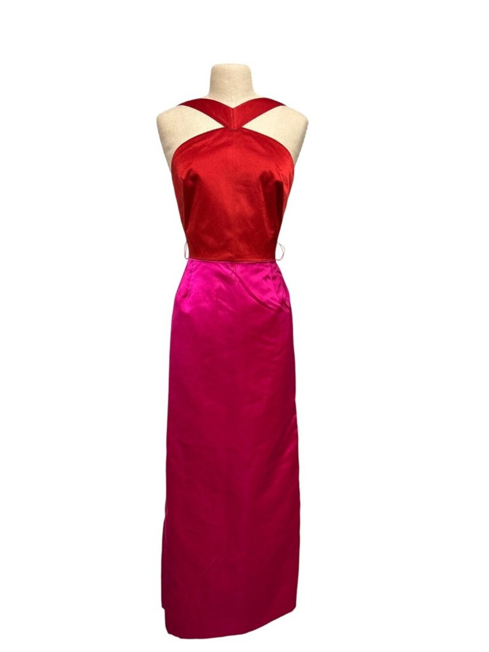 Vintage AJ Bari Two-Tone Red Magenta Colorblock Halter Maxi Gown Crossback Ruche